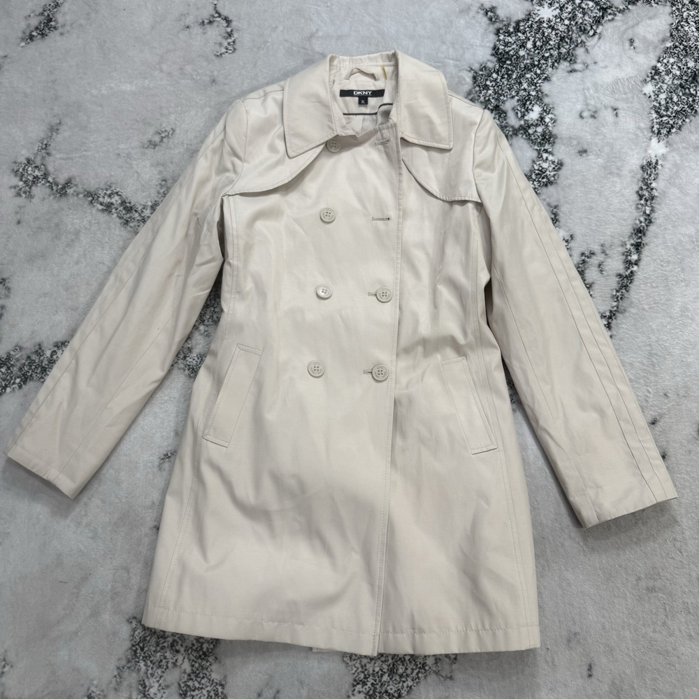 DKNY Womens Size XL Double Breasted Trench Coat Ivory Muslin Cotton Blend Jacket